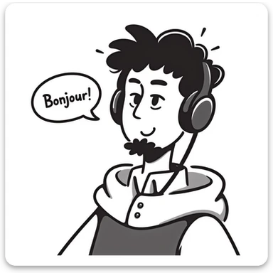 Highly detailed anime-style male character saying "Bonjour!", with styled black hair, expressive brown eyes, defined black beard, wearing detailed gaming headphones, anime art style with line work sticker