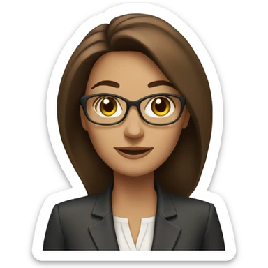 a woman ceo with brown hair no glasses holding a laptop sticker