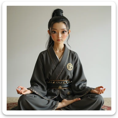 realistic AI chatbot with a meditative, disciplined presence, blending samurai and Buddhist philosophy with modern aesthetics, calm focused eyes, contemporary clothing with subtle traditional motifs, peaceful background, aura of wisdom and self-mastery sticker