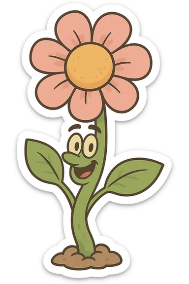 cartoon style illustration of a fully bloomed plant with a flower, simple and clear sticker