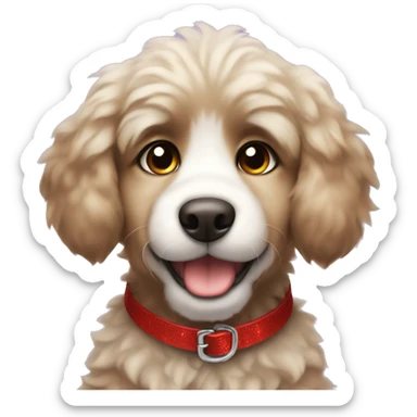 Super fluffy puppy with big brown sparkly eyes and a red collar sticker