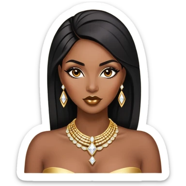 exotic African American woman with dark brown skin, straight black hair, glamorous makeup, gold jewelry, diamonds, curvy and confident, stylish and sexy sticker