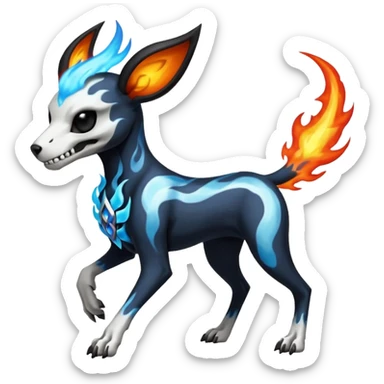 Skull-faced skeletal elegant pretty handsome Fiery black and white blue flames solarpunky elemental colorful hot will-o-wispy Houndoom-Torracat-Genesect-Pokémon-Fakémon-hybrid-creature sticker