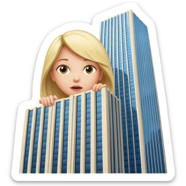 a giantess playing peekaboo peeking out from behind a skyscraper that obscures her to the viewer sticker