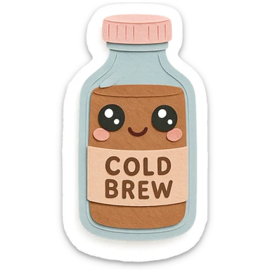 kawaii glass cold brew bottle, full body, big sparkling eyes, soft pastel colors sticker