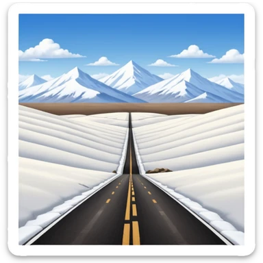 A long straight dirt road that disappears into the horizon half way up the screen from the perspective of someone sitting in the middle of the road looking down it. Flat snow fields on both sides of the road with huge looming mountains above the roads horizon line.  sticker
