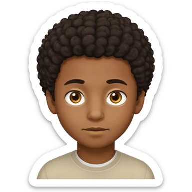 This avatar of black boy has lightly curly dark hair styled upward, a rounded face with golden-brown eyes, and a neutral expression sticker