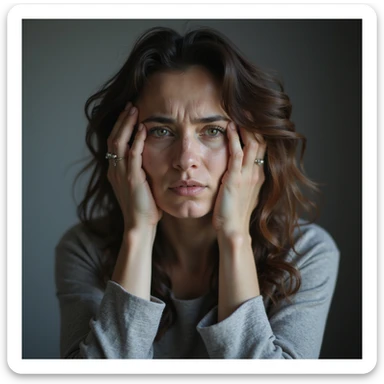 woman with hands in hair, stressed and nervous expression, hyperrealism 4K, variation 4 sticker