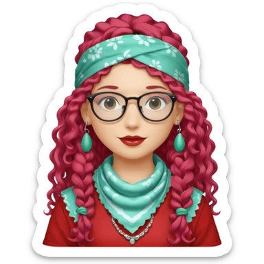 girl with long curly peppermint hair and single-color bandana and glassess and earring sticker