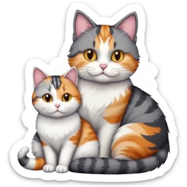 full body colourful light patched calico + white tabby cat cuddling a bigger cat that is dark grey and white tabby cat  sticker