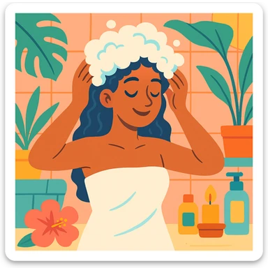 woman with shampoo foam in hair, relaxed, spa-like atmosphere, soft pastel colors, vibrant colors sticker