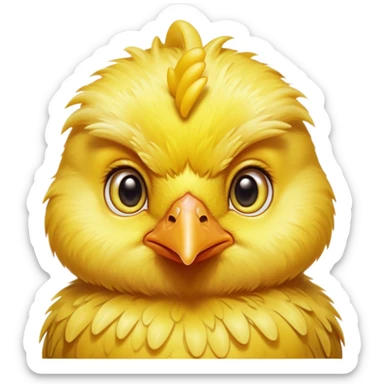 Cinematic Noble Yellow Baby Chicken Portrait Emoji, Poised and regal, with a tiny, fluffy build and a vibrant, well-groomed bright yellow downy coat, deep-set soulful beady eyes, Simplified yet sharp and sophisticated features, highly detailed, glowing with a soft, dignified glow, high shine, intelligent and charming, stylized with an air of youthful elegance, focused and attentive, soft glowing outline, capturing the essence of a watchful and confident little chick, so majestic it feels as though it could peep out of the screen with effortless authority! sticker