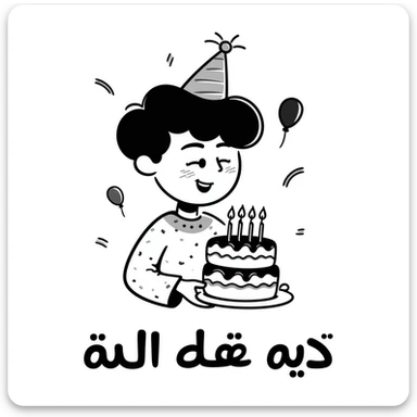 Extremely colorful and bright drawing of a cheerful boy with a birthday cake, rainbow colored decorations and party elements. At the bottom in large, bold, prominent Persian text write: "امیدرضا جان تولدت مبارک" sticker