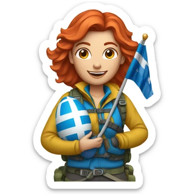 Female red hair mountaineer on mount everest holding greek flag and easter eggs basket sticker