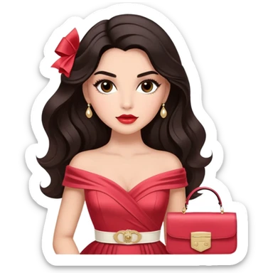 A woman with slightly darker almond-toned skin, voluminous dark hair in waves, expressive eyes with soft lashes and shimmer, full lips with a glossy nude-pink color, wearing a red dress and a white crossbody sash with “Miss San Juan” in black letters, exuding elegance and confidence. sticker