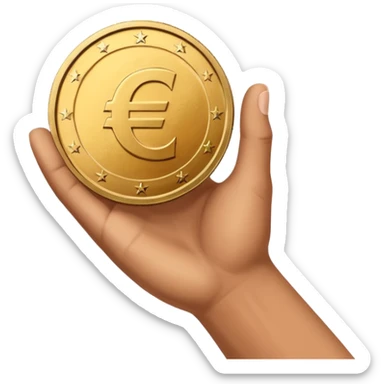 An open hand facing upwards holding a coin with a euro symbol in the center. The coin is placed slightly above the palm, symbolizing financial support or budget. sticker