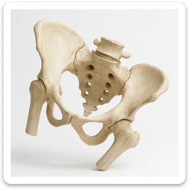 realistic human pelvis tilted, 4K image, anatomical details, pronounced tilt, perspective view, clinical atmosphere, white background sticker