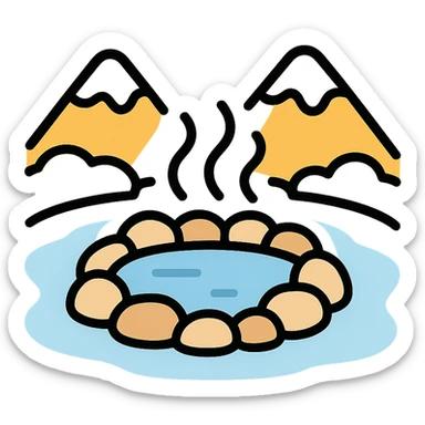 minimalist color icon of a peaceful hot spring in the mountains, snow all around, steam gently rising sticker
