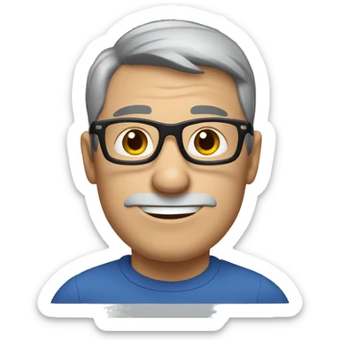 grey short hair middle age man, blue polo long sleeves, black glasses, giving thumbs u sticker