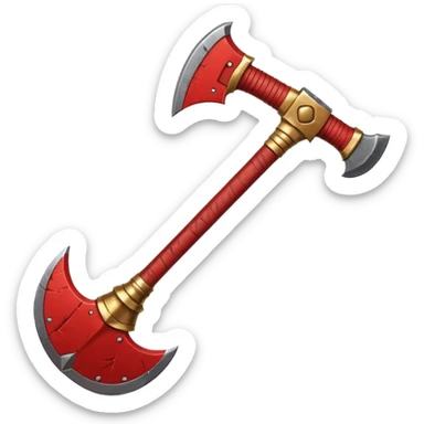 Ares battle axe object icon, ancient Greek war god axe, double-bladed heavy axe, red and gold metal, battle-worn scratches, glowing red accents, 3D cartoon, mobile game icon style, centered, clean background, soft shadow, no text, no watermark

 sticker
