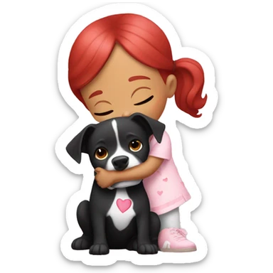 Girl with red hair kissing big black pitbull dog, pink hearts sticker