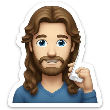 man with brown long hair, a beard and blue eyes holding an iphone sticker