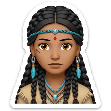 Attractive Native American woman with a wide face, baddie look, dark skin, Long braided black hair sticker