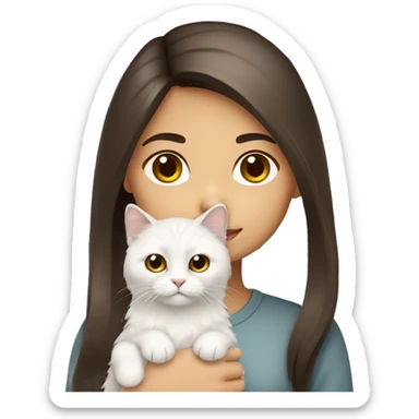 Dark brown straight hair girl with holding fluffy Siberian white cat  sticker