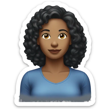 A head and shoulders shot of a 35 year old African American woman, with curly black hair,   with brown eyes wearing a t-shirt. sticker