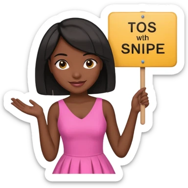 Dark skin woman with black bob in hair holding sign that says snipe  wearing pink dress  sticker