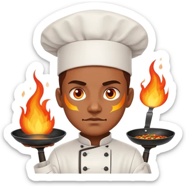 proud chef with blazing fire eyes, crossing two skillets across chest like a warrior sticker