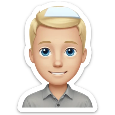 smiling blonde boy, blue eyes, large forehead, pale with a hint of tanning redness, wearing a grey button shirt sticker