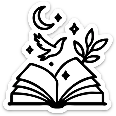 A traditional drawing of an open book with magical energy coming out, using defined outlines, rough and expressive shadows, and visible highlights on all parts where they belong. The style is a drawing, not stylized art, inspired by the reference. sticker