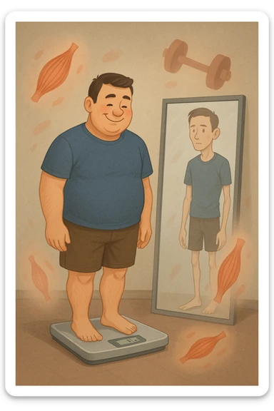 a man stands on a scale, smiling at the lower number, but his reflection in a nearby mirror shows a thinner, but also visibly weaker and less muscular body. Around him, floating icons or faded images of muscle fibers and dumbbells highlight the overlooked loss of muscle mass. The mood is cautionary and educational. in italiano sticker