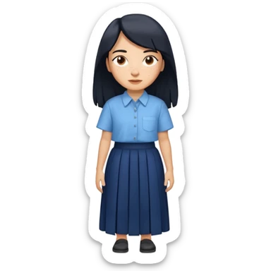 hair : black long hair with fringe 
skin : light with freckle
cloth : oversize light blue shirt + navy long long skirt 
 sticker