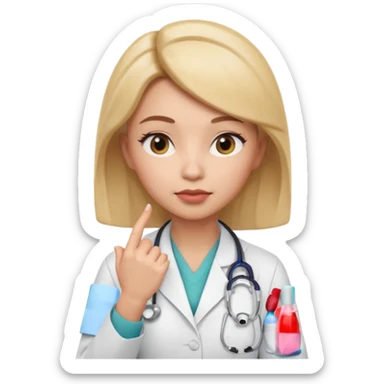 3D memoji female doctor, hand touching chin in thinking pose, thoughtful expression, slightly narrowed eyes, professional medical look, isolated PNG sticker