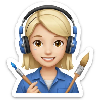 female artist wearing headphone, holding painter sticker