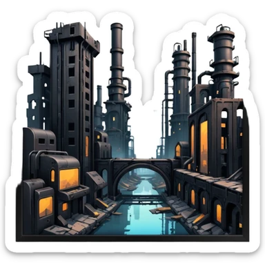 an apocalyptic backdrop of a city in ruins in the style of cyber punk and steam punk ascetics sticker