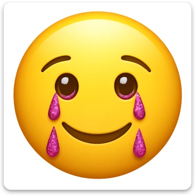 Make the tears pink glittery and the lips smile on a classic round yellow face emoji. The face should not be a woman face, but a classic emoji face. sticker