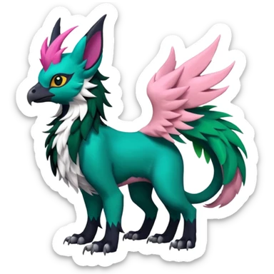 Dark-deep-Emerald-green gryphon-Trico-Nargacuga-Absol-Leafeon-Sprigatito-fusion-hybrid with a long tufted tail, black beak, pink accents, black claws, black tail, majestic, realistic, furry (full body) sticker