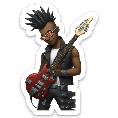 cyberpunk rockstar, mohawk,  mechanical sci-fi electric guitar sticker