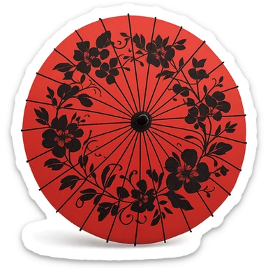 red Chinese parasol with black flowers, open, black floral motifs radiating from the center, simple background sticker