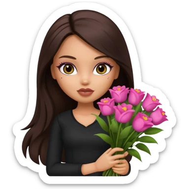  pretty bratz doll with makeup with dark top, long dark brown hair holding big bouquet of flowers  sticker