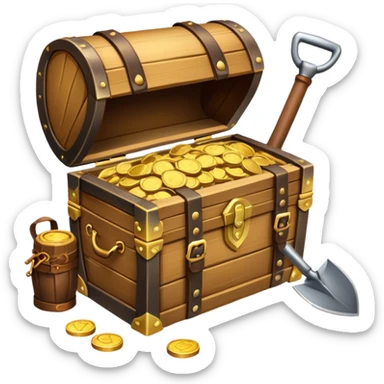 An icon showcasing a treasure chest filled with gold, a treasure map rolled up beside it, a backpack and shovel ready for the next adventure. The design captures the essence of treasure hunting, exploration, and excitement, set on a transparent background to emphasize the thrill of discovery. sticker