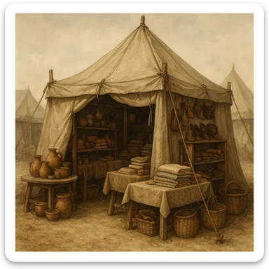 a medieval tent shop, canvas tent with wooden frame, merchant goods displayed outside, medieval market atmosphere sticker