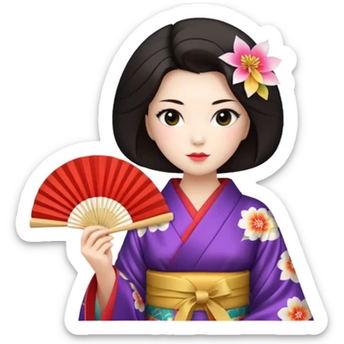 a traditional geisha japanese woman wearing a kinono holding a folding fan elegantly sticker