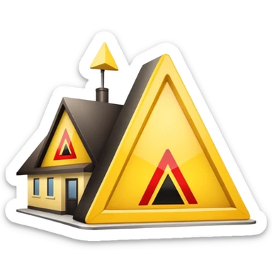 restaurant building with yellow warning triangle sign, caution sticker