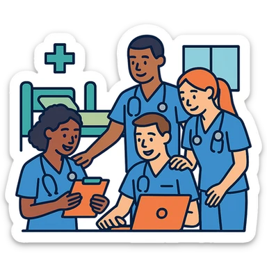 four nursing students working together, diverse, helping each other, hospital setting, color outline icon style sticker