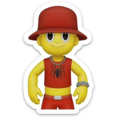 Make a yellow character with a black spider eye and a red top and shorts and a grey spider chain and a red hat sticker