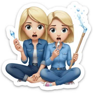 blond woman sitting on her knees with wide eyes, another man in jeans stands on her left, she's holding a wide skin-colored stick with a D-shaped knob, the stick and the nob have skin texture, water squirting from the knob into her mouth, shocked face sticker